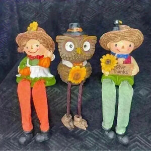 Fall  Autumn Decor Figurines Shelf Sitters Set Of 3 Owl, Pumpkins & Give Thanks